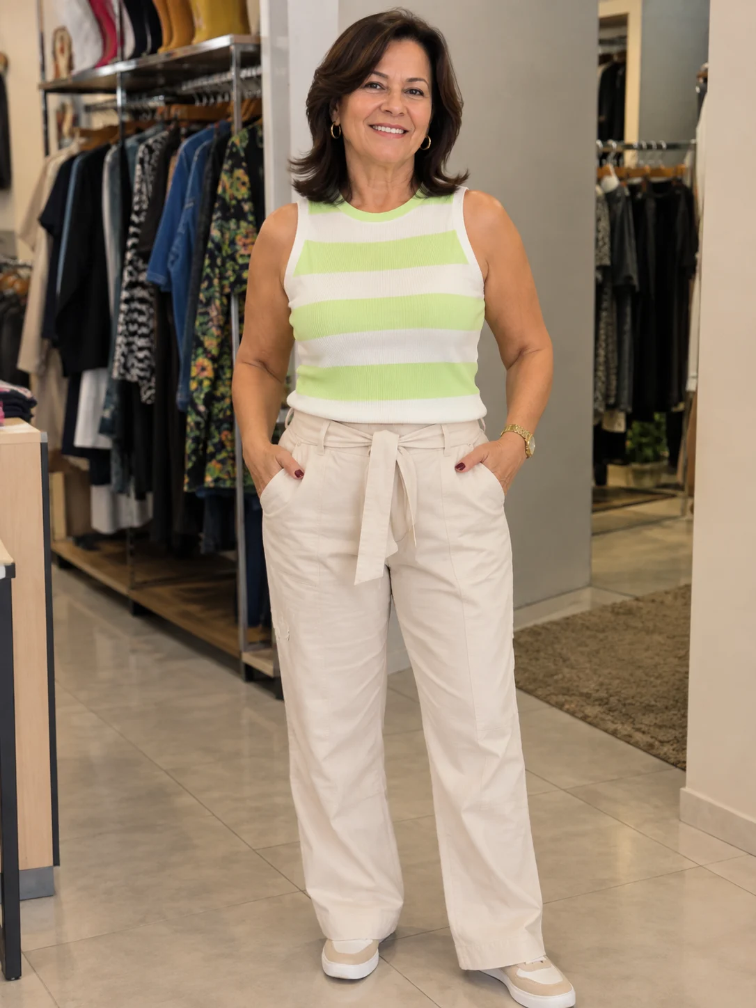 Mulher com blusa listrada e calça clara